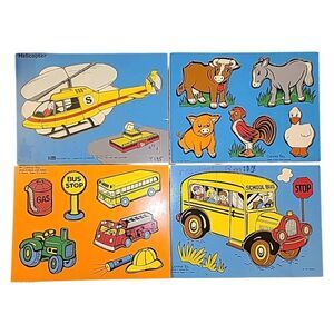 4 Vintage Connor Toy Wooden Board Puzzles Animals Vehicles Bus Helicopter‎